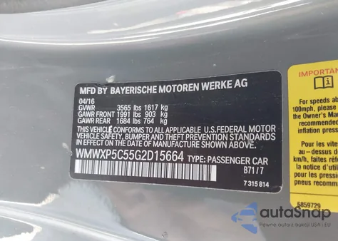 2016 Mini Hardtop Cooper z USA, uszkodzony, nr VIN WMWXP5C55G2D15664